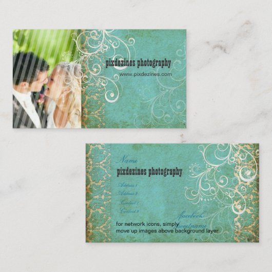 PixDezinesヴィンテージグランジダマスク/アクア 名刺 (正面/裏面)