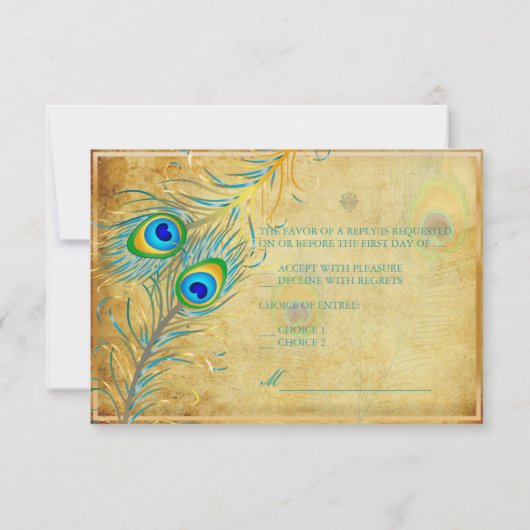 PixDezinesヴィンテージティール（緑がかった色）peacock 出欠カード (裏面)