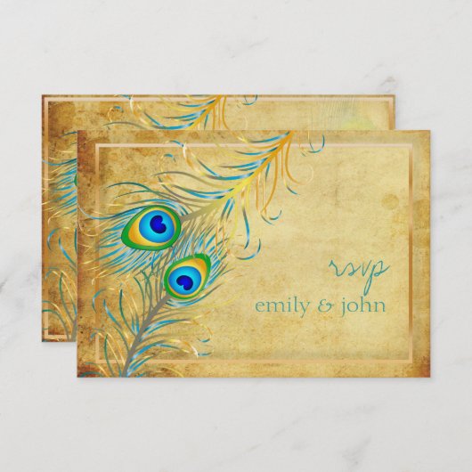 PixDezinesヴィンテージティール（緑がかった色）peacock 出欠カード (正面/裏面)