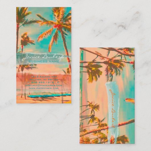 PixDezinesヴィンテージハワイアンビーチシーン/ティール（緑がかった色） 名刺 (正面/裏面)