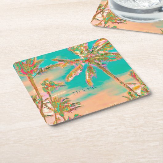 PixDezinesヴィンテージハワイアンビーチ/ティール（緑がかった色） スクエアペーパーコースター (アングル)