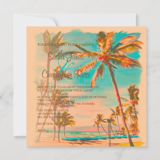 PixDezinesヴィンテージハワイアンビーチ/ティール（緑がかった色）/DIY Bckgrnd 招待状 (裏面)