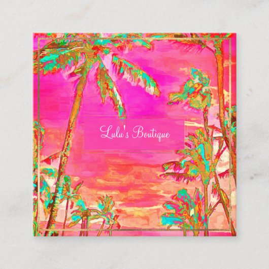 PixDezinesヴィンテージハワイアンビーチ/ピンク/ティール（緑がかった色） スクエア名刺 (正面)