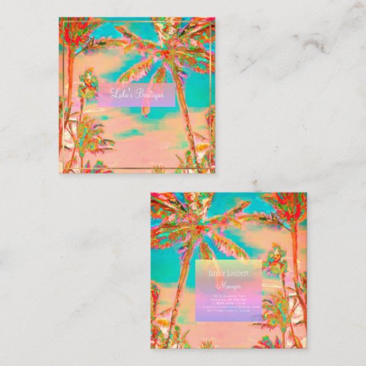 PixDezinesヴィンテージハワイアンビーチ/ピンク/ティール（緑がかった色） スクエア名刺 (正面/裏面)