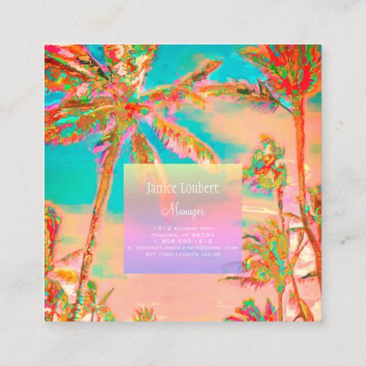 PixDezinesヴィンテージハワイアンビーチ/ピンク/ティール（緑がかった色） スクエア名刺 (裏面)