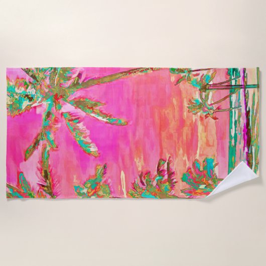 PixDezinesヴィンテージハワイアンビーチ/ピンク/ティール（緑がかった色） ビーチタオル (正面)