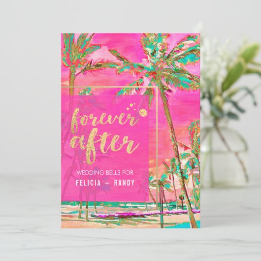 PixDezinesヴィンテージハワイアンビーチ/ピンク/ティール(緑がかった色) 招待状 (スタンド正面)