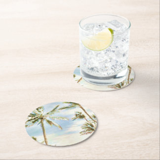 PixDezinesヴィンテージハワイアンビーチ/Blue ラウンドペーパーコースター