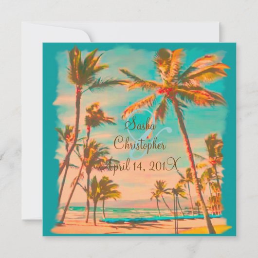 PixDezinesヴィンテージハワイアンビーチ/DIYカラーティール（緑がかった色） 招待状 (正面)
