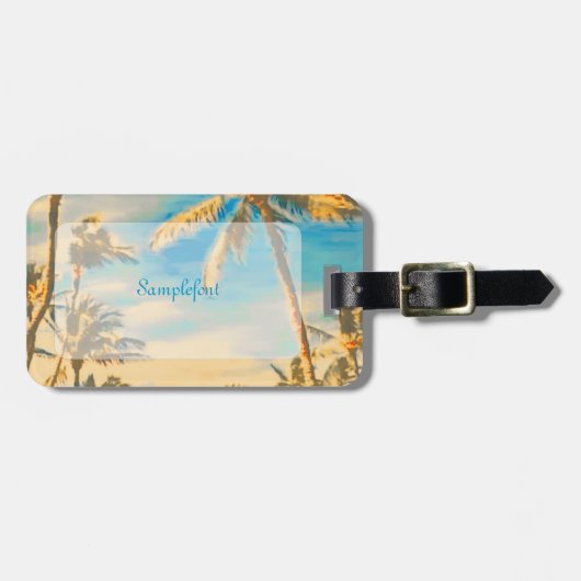 PixDezinesヴィンテージハワイビーチシーン/青 ラゲッジタグ (正面横)