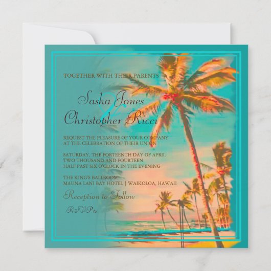 PixDezinesヴィンテージハワイビーチ/ティール(緑がかった色) 招待状 (裏面)