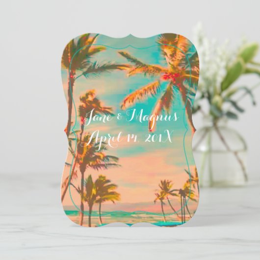 PixDezinesヴィンテージハワイビーチ/ティール(緑がかった色) 招待状 (スタンド正面)