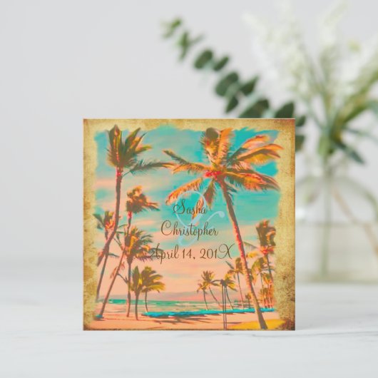 PixDezinesヴィンテージハワイビーチ/ティール(緑がかった色) 招待状 (スタンド正面)