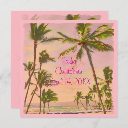 PixDezinesヴィンテージハワイビーチ/ピンク 招待状 (正面/裏面)