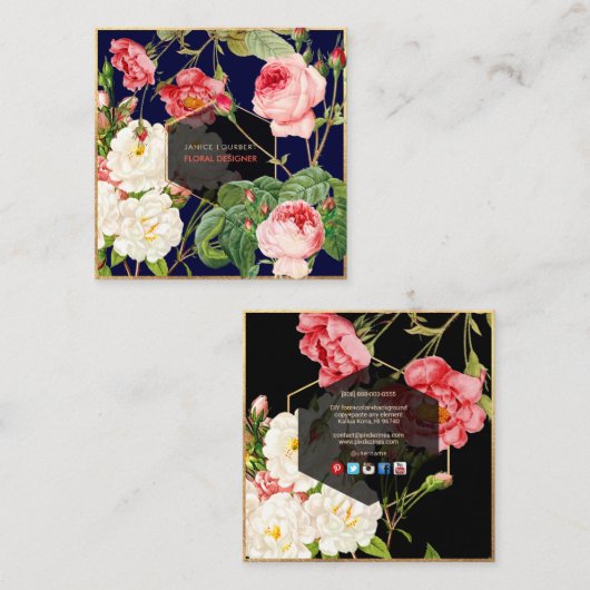 PixDezinesヴィンテージバラ植物プリント スクエア名刺 (正面/裏面)