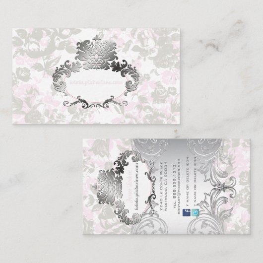 PixDezinesヴィンテージバラ淡い色のPink+Gray 名刺 (正面/裏面)