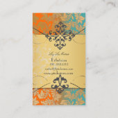 PixDezinesヴィンテージバロックダマスク/ティール（緑がかった色）+オレンジ 名刺 (裏面)