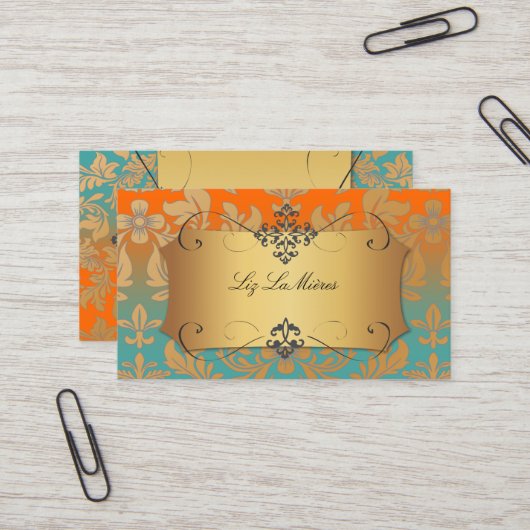 PixDezinesヴィンテージバロックダマスク/ティール（緑がかった色）+オレンジ 名刺 (正面/裏面インサイチュ)