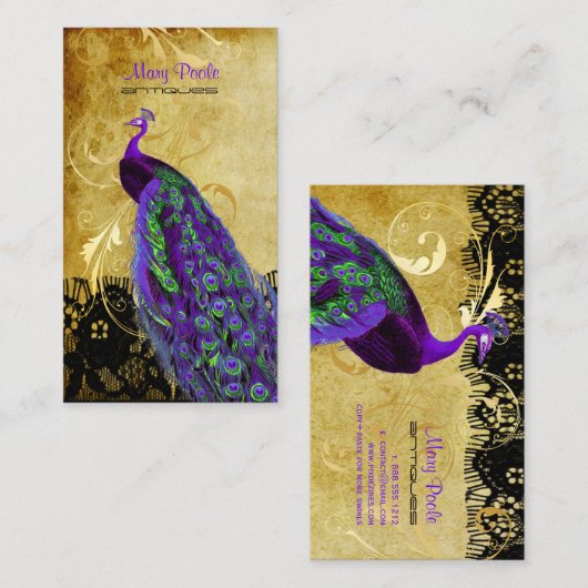 PixDezinesヴィンテージパープルピーコック+レース/ディフォント 名刺 (正面/裏面)