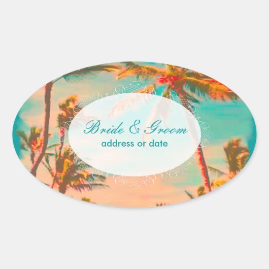 PixDezinesヴィンテージビーチシーン 楕円形シール (正面)