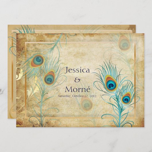 PixDezinesヴィンテージピコックフェザー/DIYカラー 招待状 (正面/裏面)