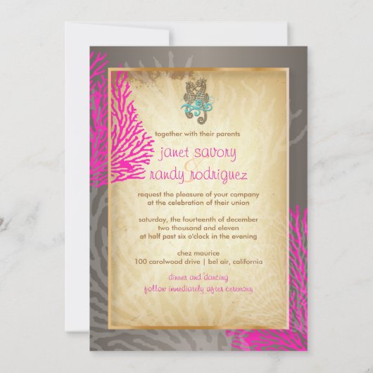 PixDezinesヴィンテージピンクコーラル+シーホース 招待状 (裏面)