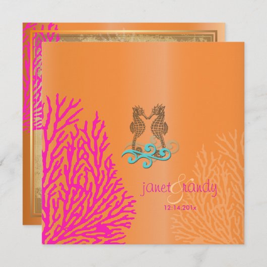 PixDezinesヴィンテージピンクコーラル+シーホース 招待状 (正面/裏面)