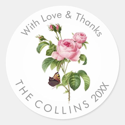 PixDezinesヴィンテージピンクローズありがとうステッカー ラウンドシール (正面)