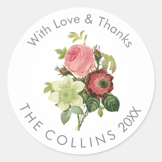 PixDezinesヴィンテージピンクローズありがとうステッカー ラウンドシール (正面)