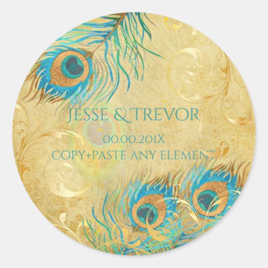 PixDezinesヴィンテージフェイク金ゴールド孔雀フェザー ラウンドシール (正面)