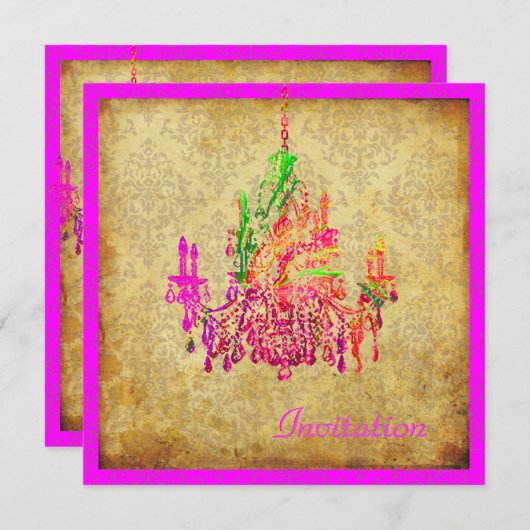 PixDezinesヴィンテージムラノガラスシャンデリア+ダマスク 招待状 (正面/裏面)