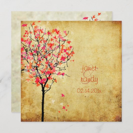 PixDezinesヴィンテージメープルツリー/赤+ピンク 招待状 (正面/裏面)