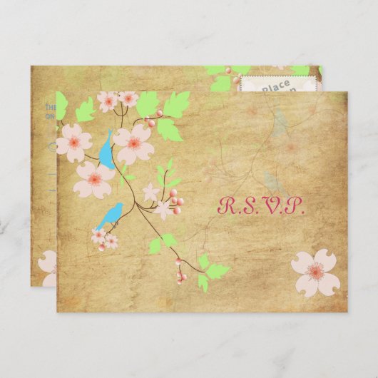 PixDezinesヴィンテージラブバードRSVPポストカード インビテーションポストカード (正面/裏面)