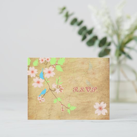 PixDezinesヴィンテージラブバードRSVPポストカード インビテーションポストカード (スタンド正面)