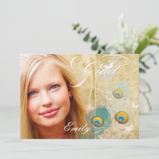 PixDezinesヴィンテージ卒業写真+ダイピーコック 招待状 (スタンド正面)