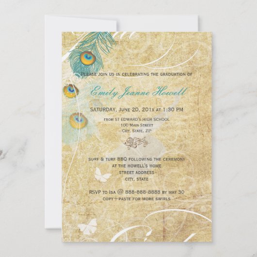 PixDezinesヴィンテージ卒業写真+ダイピーコック 招待状 (裏面)