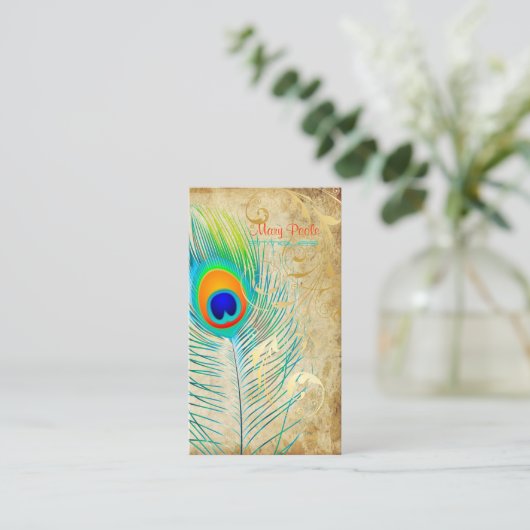 PixDezinesヴィンテージ孔雀+フィリグリー渦巻き 名刺 (スタンド正面)