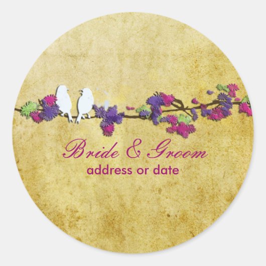 PixDezinesヴィンテージ愛鳥/紫の花 ラウンドシール (正面)