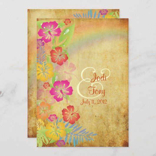 PixDezinesヴィンテージ/Leis/ルアウ（ハワイ式宴会）/ハイビスカス+レインボー 招待状 (正面/裏面)