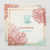 PixDezinesヴィンテージmaui coral+seahose、ビーチ 招待状 (正面/裏面)