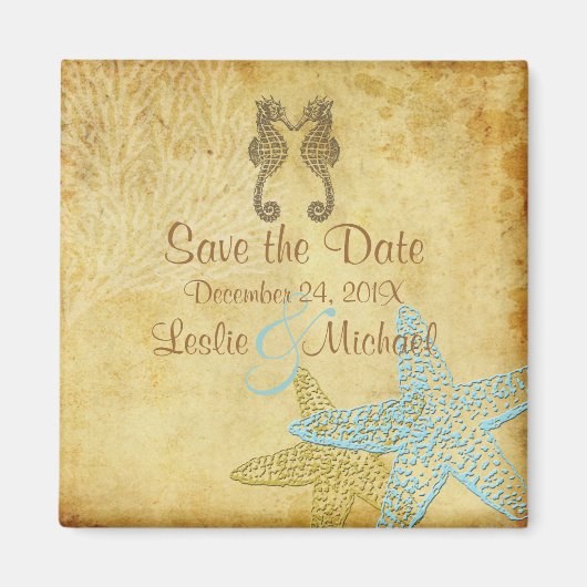 PixDezinesヴィンテージseahorse+スターフィッシュ/日付の保存 マグネット (正面)