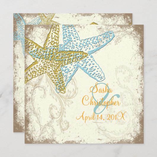 PixDezinesヴィンテージStarfish+フローラビーチ結婚式 招待状 (正面/裏面)