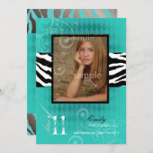 PixDezines卒業式、ティール(緑がかった色)Harlequin 招待状 (正面/裏面)