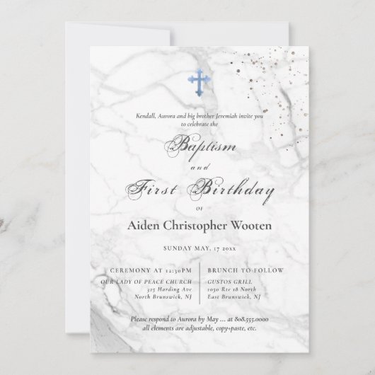 PixDezines大理石ブルークロスバプテスマ1st誕生日 招待状 (正面)