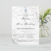 PixDezines大理石ブルークロスバプテスマ1st誕生日 招待状 (スタンド正面)