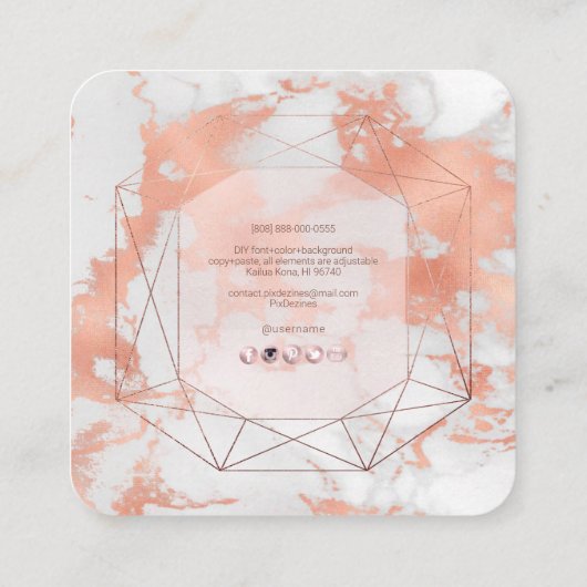 PixDezines大理石+バラフェイク金ゴールドエメラルドカット スクエア名刺 (裏面)