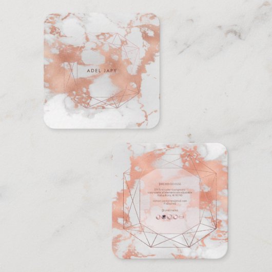 PixDezines大理石+バラフェイク金ゴールドエメラルドカット スクエア名刺 (正面/裏面)