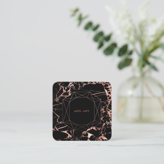 PixDezines大理石+バラフェイク金ゴールドエメラルドカット スクエア名刺 (スタンド正面)