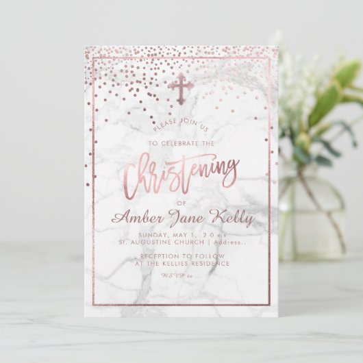 PixDezines大理石+バラフェイク金ゴールドドット/《キリスト教》洗礼式や命名式 招待状 (スタンド正面)