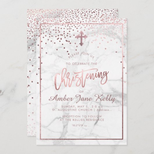 PixDezines大理石+バラフェイク金ゴールドドット/《キリスト教》洗礼式や命名式 招待状 (正面/裏面)